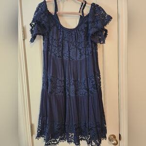 Robbie Lee Navy Blue Lace Dress Bare Shoulder Playful Chic 1X Romantic Sexy